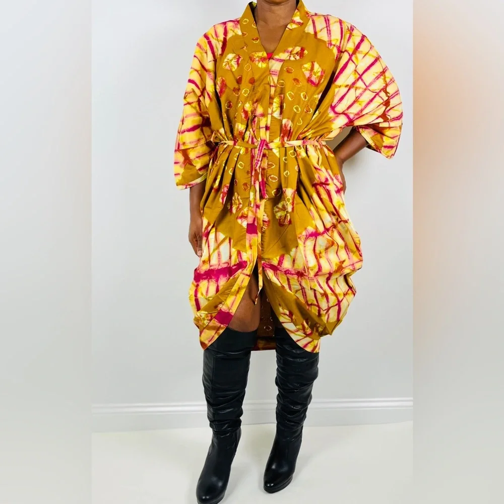 African Print Ankara Tie Dye Multicolor Belted Midi Shirt Cardigan Kimono Dress - Picture 4 of 4